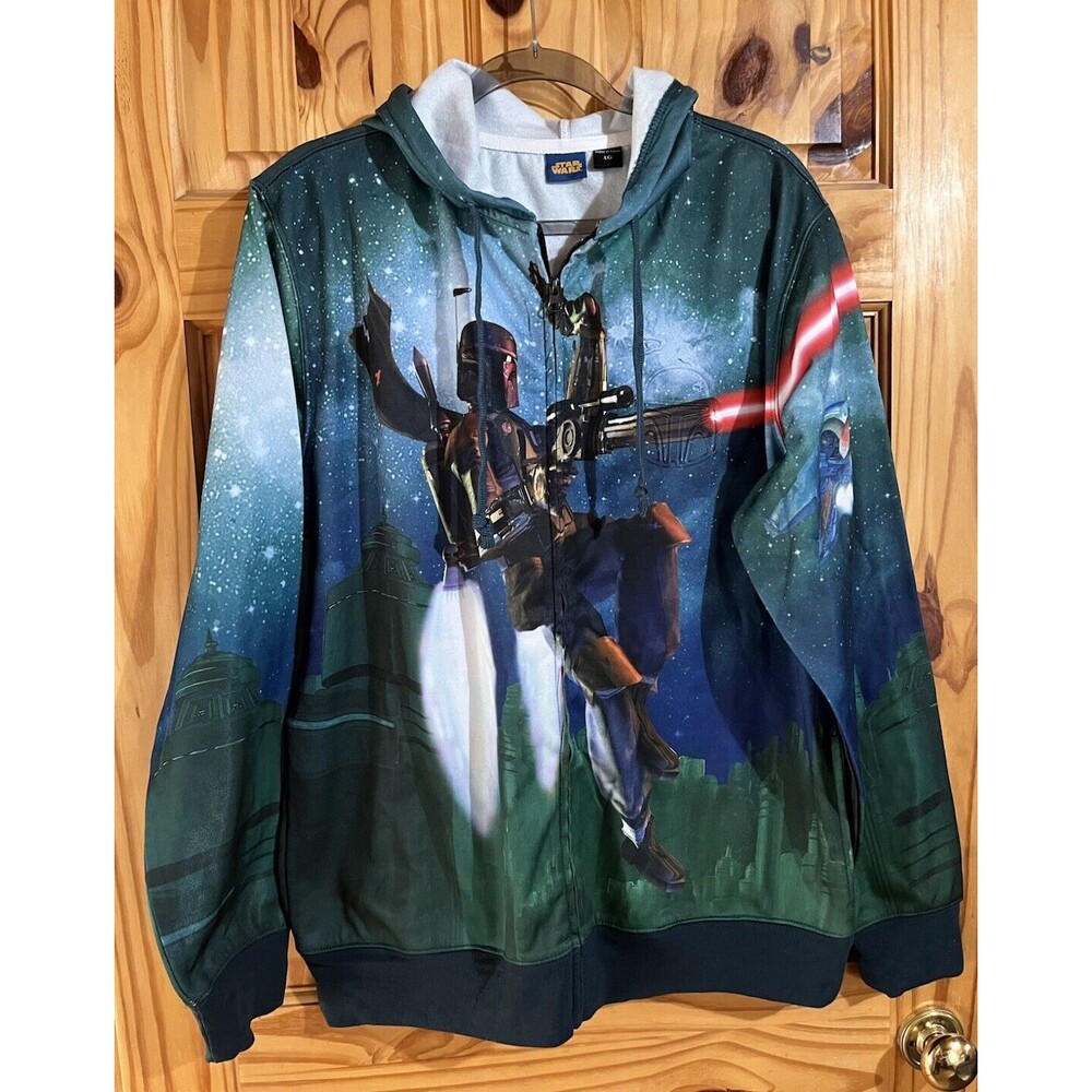 NEW Star Wars Boba Fett Flying. Men's Size Large Zip Hoodie Soft Fleece interior